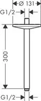 Verchromter Deckenanschluss mit zylindrischem Design, der an Kopfbrausen von AXOR montiert wird. Abmessungen und Anschlussgrößen sind auf dem Bild abgebildet.